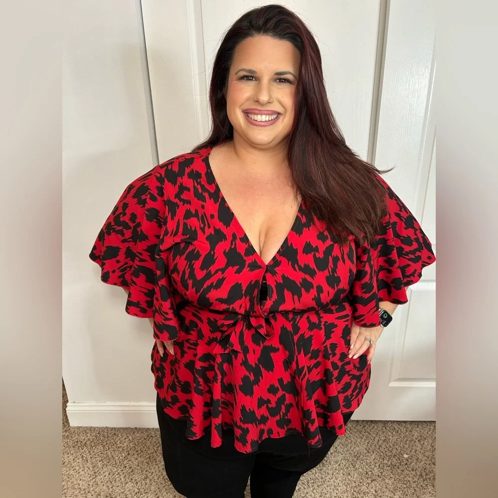 Plus Black and Red Cheetah Print Wrap Top